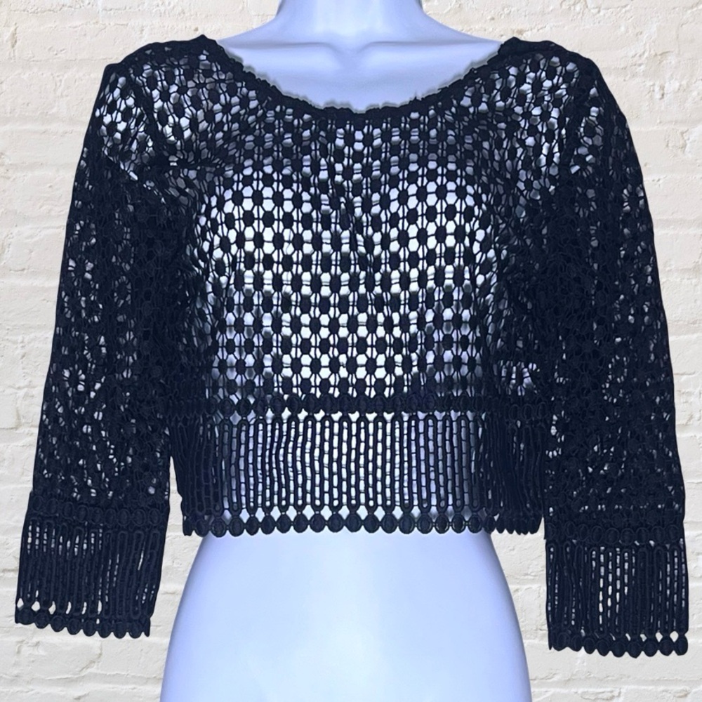 Hot & Delicious Long Sleeve Open-Knit Crochet Crop Top Size S Festival Boho NWT